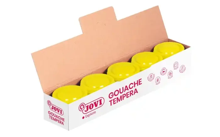 Jovi Bote de Tempera Escolar – 35ml – Colores Mezclables – para Papel, Cartulina, Madera, Tela, Pasta de Modelar y Fango – Uso con Pincel, Rodillo o Espatula – Color Amarillo (5 uds)