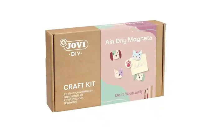 Jovi Diy Kit de Manualidades para Hacer Imanes con Pasta Endurecible Air Dry – Instrucciones Paso a Paso – Enlace a Video Tutorial – Incluye Herramientas de Modelaje – Pinturas Gouache – 9 Imanes – Color Varios