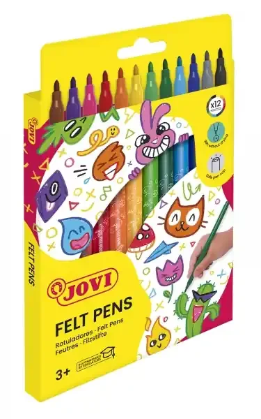 Jovi Felt Pens Estuche de 12 Rotuladores – Amplia Variedad de Tonos – Tinta de Gran Fijacion – Punta de 3mm – Capuchon de Seguridad Ventilado – Grip Triangular Ergonomico – Color Surtido