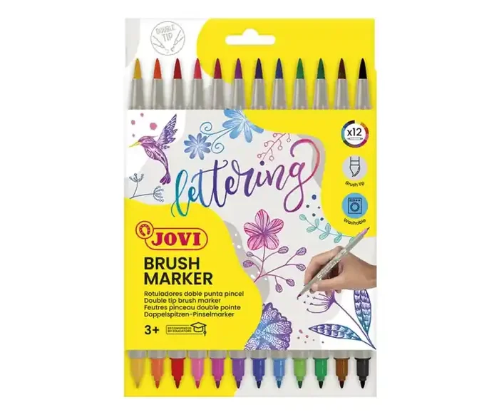 Jovi Felt Pens Estuche de 12 Rotuladores Doble Punta Pincel – Punta Fina y Flexible – Tinta Base Agua – Ideal para Lettering – Color Surtido