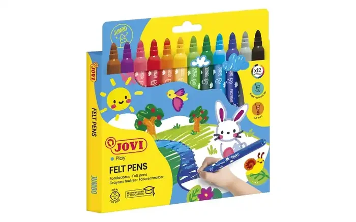 Jovi Felt Pens Estuche de 12 Rotuladores Jumbo – Tinta de Gran Fijacion – Punta de 3mm – Capuchon de Seguridad Ventilado – Grip Triangular Ergonomico – Trazo Homogeneo E Intenso – Color Surtido