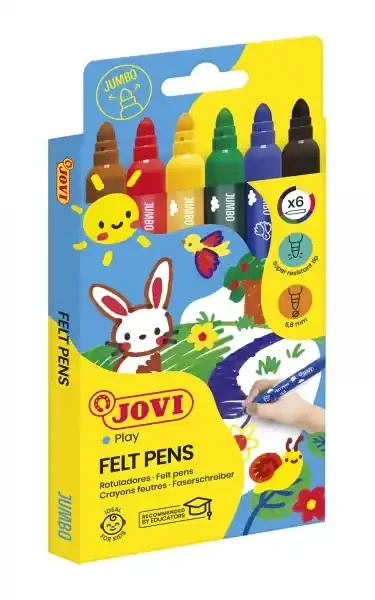 Jovi Felt Pens Estuche de 6 Rotuladores Jumbo – Tinta de Gran Fijacion – Punta Resistente – Grip Ergonomico – Capuchon Ventilado – Trazo Homogeneo – Color Surtido