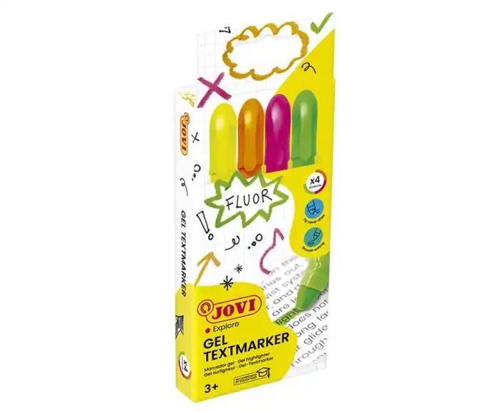 Jovi Gel Textmarker Estuche con 4 Marcadores de Texto – Gel en Seco – Colores Fluorescentes – con Ascensor – No Traspasan – Secado Rapido – No Se Secan – Aptos para Luz Negra – Color Surtido