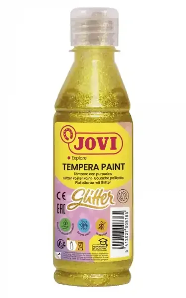 Jovi Glitter Tempera Botella de 250ml – Base Agua – Lista para Usar – Particulas de Purpurina – Excelente Rendimiento – Secado Rapido – Fluidez Optima – Color Oro