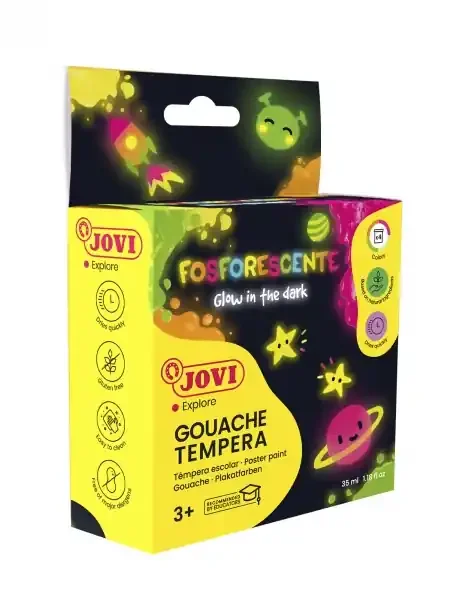 Jovi Gouache Estuche de 4 Botes de Tempera 35ml Tempera Escolar – Colores Fosforescentes – Brilla en la Oscuridad – Secado Rapido – Excelente Adherencia – Lista para Usar – Color Surtido