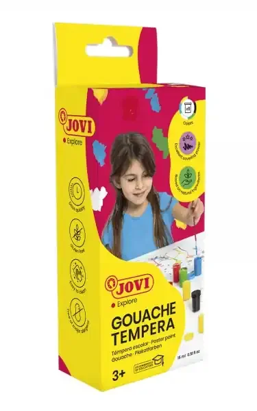 Jovi Gouache Tempera Estuche de 6 Botes 15ml + Pincel – Mezclables – para Papel, Cartulina, Madera, Tela, Pasta de Modelar o Fango – Color Surtido