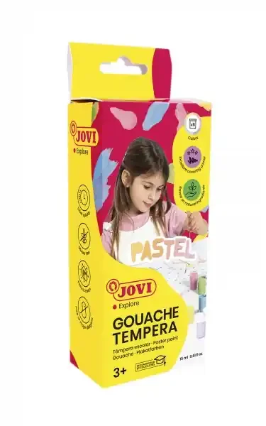 Jovi Gouache Tempera Estuche de 6 Botes 15ml Tempera Escolar – Colores Pastel + Pincel – Mezclables – Incluye Pincel – Color Surtido