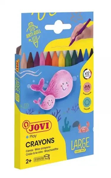 Jovi Large Easy Grip Estuche de 24 Ceras Plasticas Hexagonales – No Ruedan – Duracion Prolongada – sin Olor – Facil de Sacar Punta – No Mancha – Ideal para Manos Pequeñas – Color Surtido