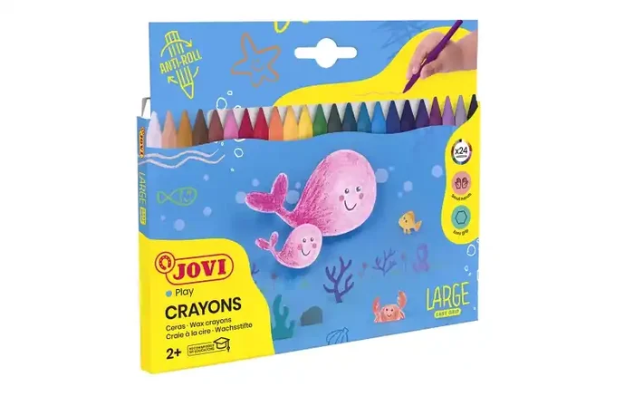 Jovi Large Easy Grip Estuche de 24 Ceras Plasticas Hexagonales – No Ruedan – Uso en Papel y Cartulina – Duracion Prolongada – sin Olor – Facil de Sacar Punta – No Mancha – Color Surtido