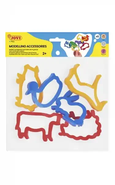 Jovi Modelling Accessories Bolsa Colgable con 6 Moldes de Corte Animales de Granja – Plastico Duradero – Formas de Animales de la Granja – Ideal para Plastilina – Color Surtido