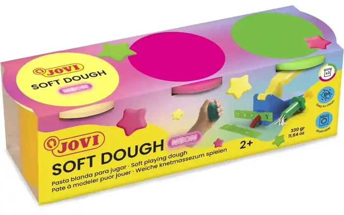 Jovi Soft Dough Blandiver Estuche de 3 Botes Colores Neon – Blanda y Flexible – Facil de Amasar y Moldear – Ideal para Iniciacion al Modelaje – Color Surtido