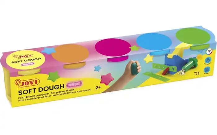Jovi Soft Dough Estuche de 5 Botes Colores Neon – Blanda y Flexible – Facil de Amasar y Moldear – Ideal para Iniciacion al Modelaje – Fomenta Creatividad y Motricidad Fina – Color Surtido