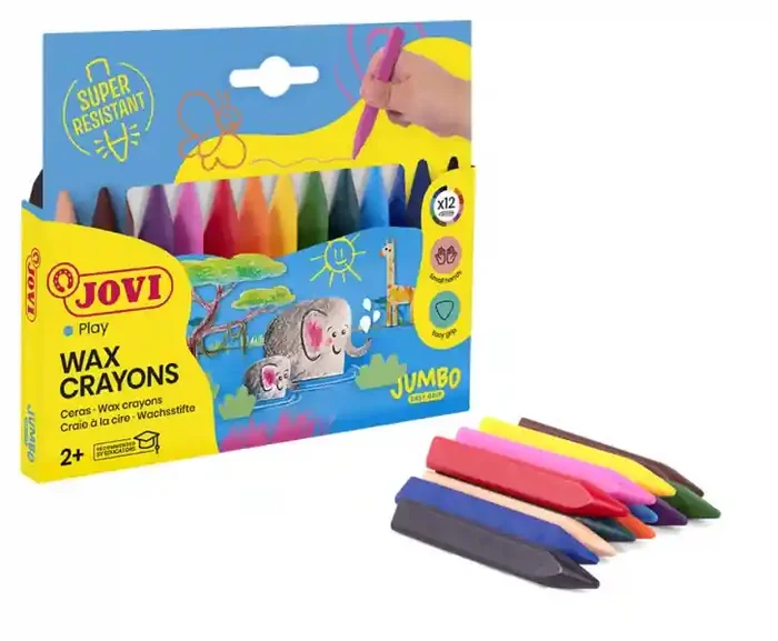 Jovi Triwax Estuche de 12 Ceras Triangulares – No Manchan – Trazo Suave – Gran Rendimiento – Apto para Sacapuntas – Libre de Alergenos – Colores Surtido