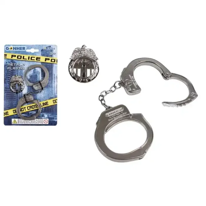 Juego de Esposas metal y Placa Policía plástico fabricado por Gonher