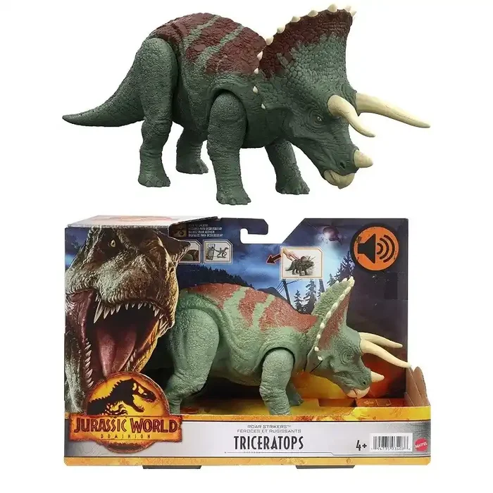 Jurassic World Dominion Triceratops Ruge y Golpea, dinosaurio de juguete con movimientos y sonidos edad +4 años Mattel HDX34