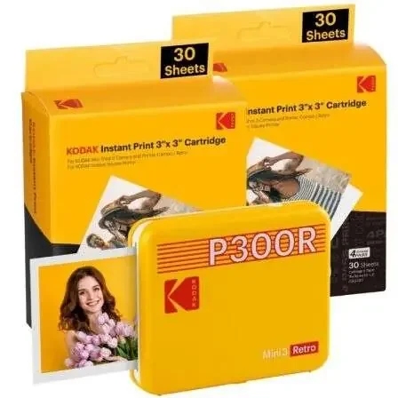 Kodak Mini 3 Retro Pack de Impresora Fotografica Portatil Bluetooth + 60 Hojas de Papel Fotografico – Formato de Impresion 7.62×7.62cm – Alimentacion por Bateria – Color Amarillo