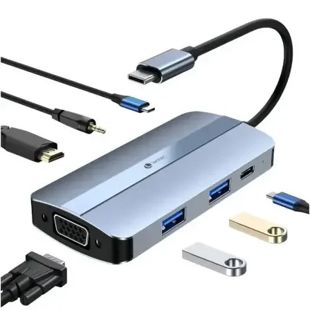 Leotec Adaptador 7 en 1 USB-C a 1xHDMI, 1xVGA, 1xUSB-A 3.0, 1xUSB-A 2.0, 1xUSB-C, 1x USB-C PD, 1xAudio – Color Gris