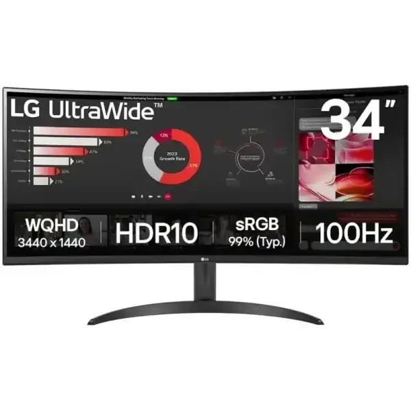 LG Ultrawide Monitor 34″ Curvo LED VA WQHD 100Hz HDR10 FreeSync – Respuesta 5ms – Angulo de Vision 178º – 21 9 – HDMI, DisplayPort – VESA 100x100mm
