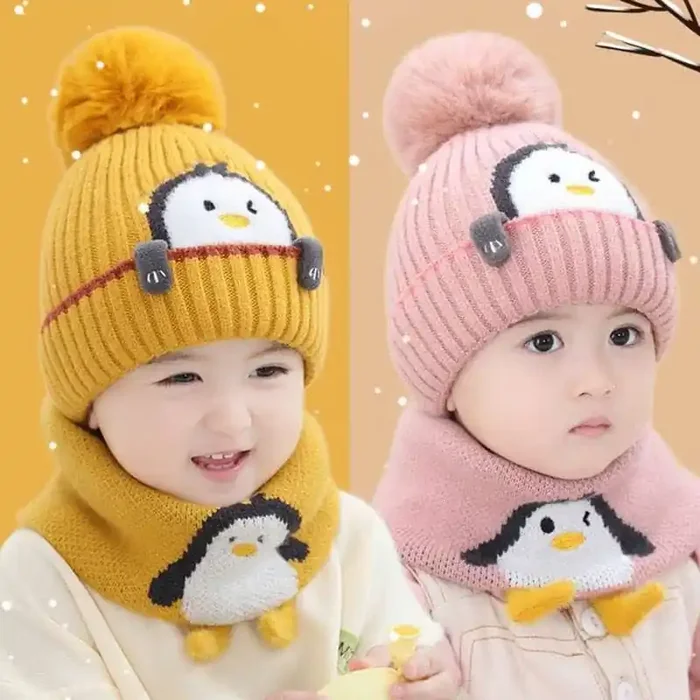 Lindo conjunto de gorro y bufanda de bebé pingüino
