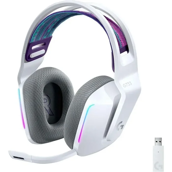 Logitech G733 Auriculares Gaming Inalambricos DTS 7.1 con Microfono – Tecnologia Lightspeed – Iluminacion RGB – Autonomia hasta 29h – Microfono Extraible – Almohadillas Acolchadas – Controles en Auricular – Color Blanco