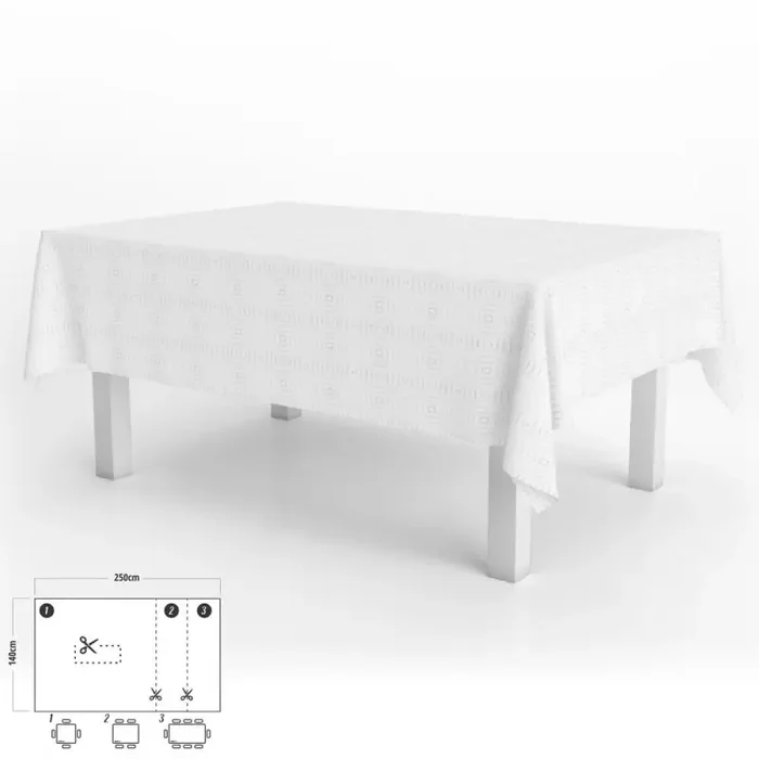 Mantel Hule Muletón Rectangular Blanco Impermeable Anti manchas PVC 140×250 cm. Recortable Uso Interior y Exterior