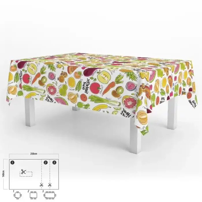 Mantel Hule Rectangular Frutas Fantasía Impermeable Anti manchas PVC 140×250 cm. Recortable Uso Interior y Exterior