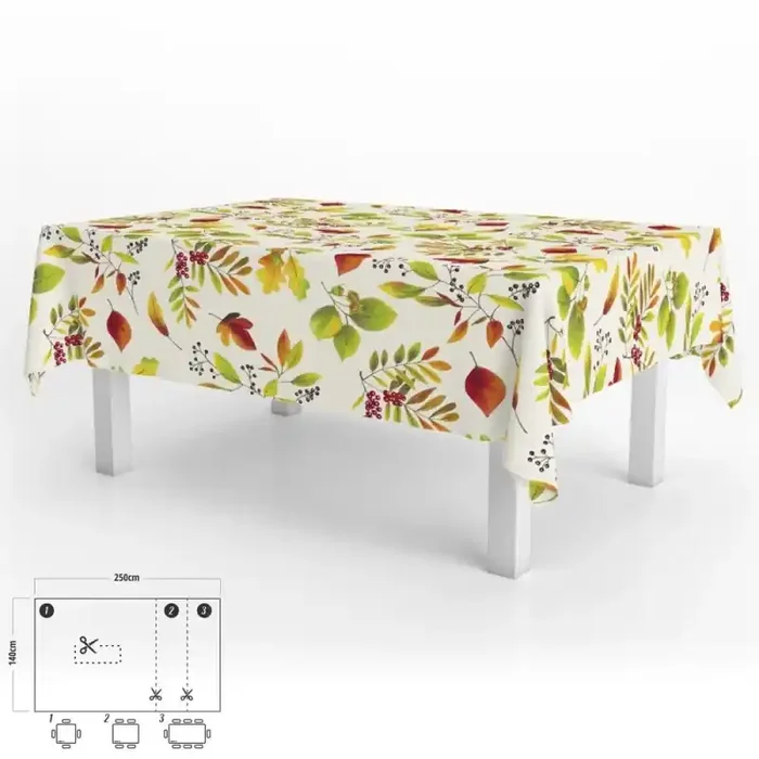 Mantel Hule Rectangular Hojas Otoño Impermeable Anti manchas PVC 140×250 cm. Recortable Uso Interior y Exterior