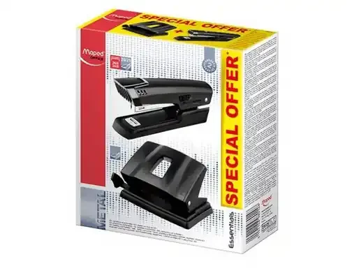 Maped Essentials Metal Pack de Grapadora Metalica E3543 + Taladro Metalico E4024 – Grapa hasta 25 Hojas a la Vez – Admite Grapas 24/6 y 26/6 – Perfora hasta 25 Hojas – Color Negro