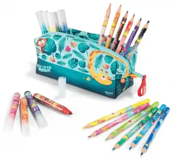 Maped Jungle Fever Bebes Estuche de Tela con 12 Lapices de Colores Jumbo Jungle Fever (A partir de 2 años) y 12 Rotuladores de Colores Jumbo Jungle Fever (A partir de 1 año)