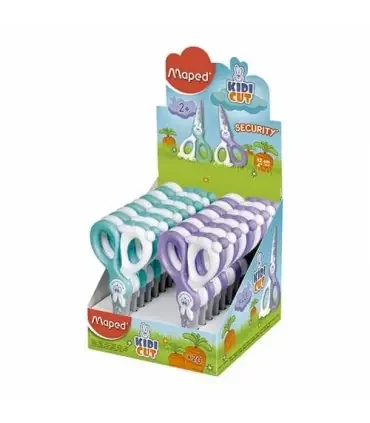 Maped Kidikut Tijera Escolar Punta Redonda – Cuchillas en Fibra de Vidrio – Mango de Plastico Simetrico – 12 cm. – Colores Surtidos – Caja Expositora de 20 ud.