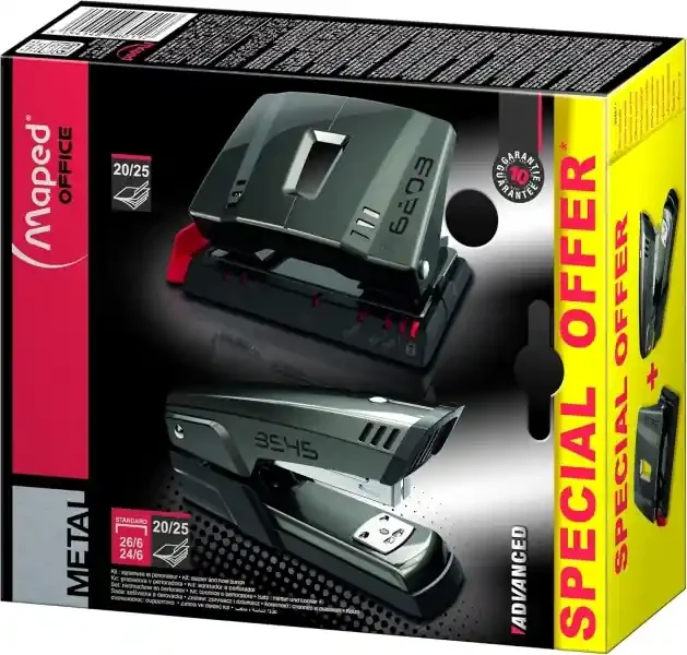 Maped Pack de Grapadora Metalica A3545 + Taladro Metalico A6203 – Grapa hasta 25 Hojas a la Vez – Admite Grapas 24/6 y 26/6 – Perfora hasta 25 Hojas – Color Gris Oscuro