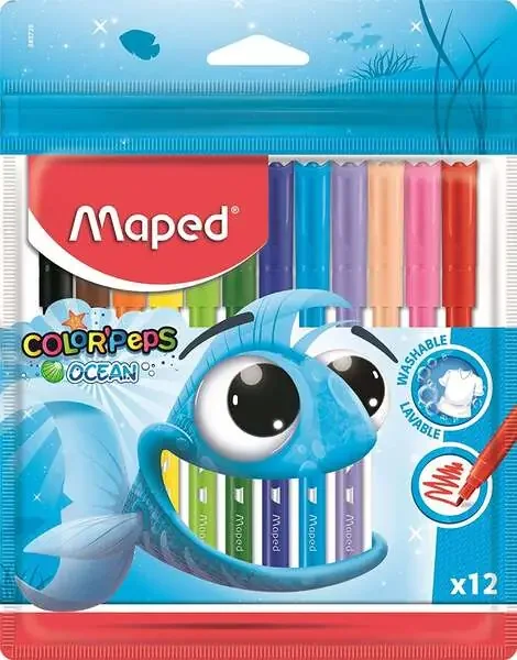 Maped Rotuladores Color´Peps Ocean – Punta Media Bloqueada 2 mm. – Ojival, Suave y Flexible – Colores Brillantes y Vivos – Tinta Lavable – Blister de 12 uds.