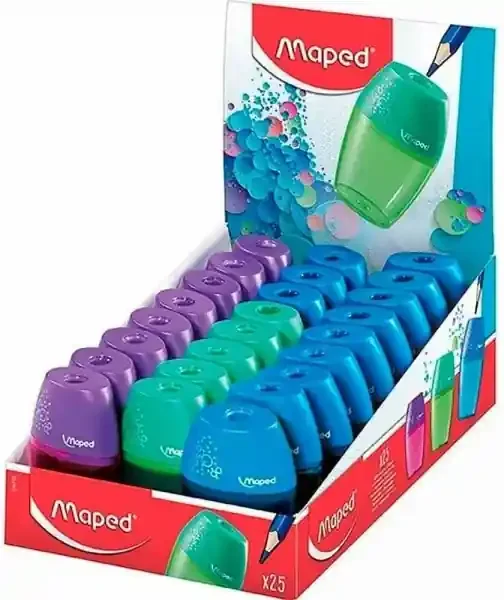 Maped Shaker Sacapuntas con Deposito de Gran Capacidad – 1 Agujero – Forma Ergonomica – Colores Surtidos – Caja Expositora de 25 uds.
