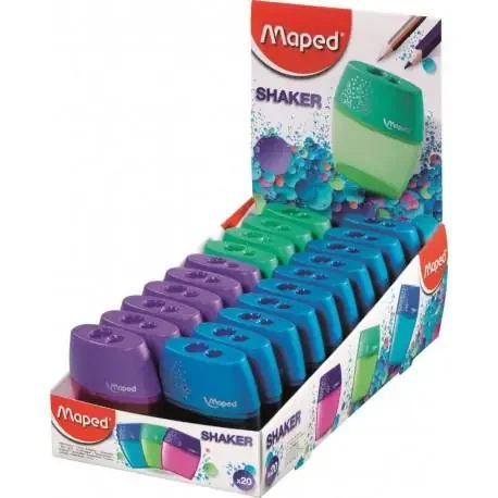 Maped Shaker Sacapuntas con Deposito de Gran Capacidad – 2 Agujeros – Forma Ergonomica – Colores Surtidos – Caja Expositora de 20 uds.