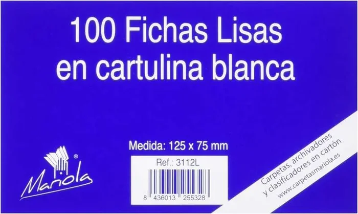 Mariola Pack de 100 Fichas Lisas Nº2 para Fichero – Medidas 125x75mm – Color Blanco