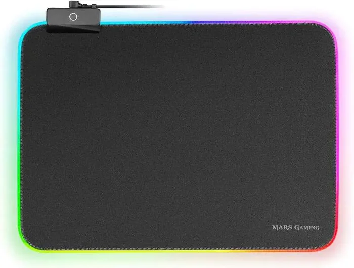 Mars Gaming Alfombrilla MMPRGBL – 365x265mm – Superficie Optimizada – Sistema RGB Control con Fibra Optica – 12 Modos de Iluminacion – Material Nanotextil – Diseño Anti-Desgaste – Conector USB y Boton de Control – Color Negro