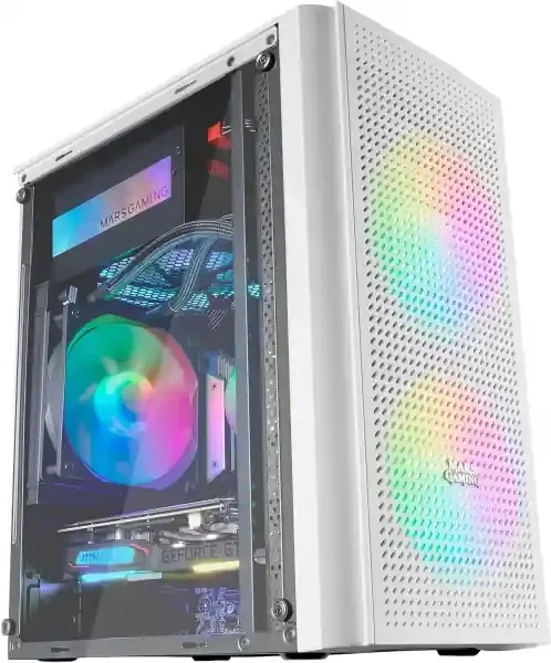 Mars Gaming MC300 Caja Gaming Compacta – Ventana Cristal Templado – Triple Ventilacion – Soporte Refrigeracion Liquida – Iluminacion RGB Fixed – Color Blanco