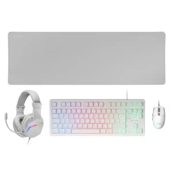 Mars Gaming MCP-RGB3 Combo Gaming 4en1 – Teclado TKL H-Mech – Raton 3200 DPI RGB – Auriculares FRGB Cancelacion Ruido – Alfombrilla XXL Antideslizante – Color Blanco