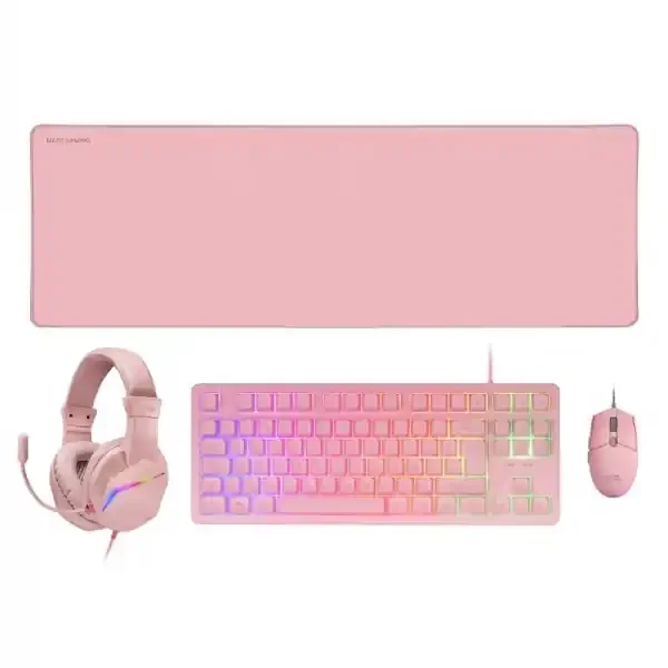 Mars Gaming MCP-RGB3 Combo Gaming 4en1 – Teclado TKL H-Mech RED – Raton RGB 3200 DPI – Auriculares FRGB Cancelacion Ruido – Alfombrilla XXL Antideslizante – Color Rosa