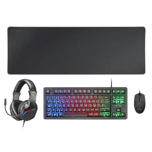 Mars Gaming MCP-RGB3 Combo Gaming 4en1 – Teclado TKL H-Mech RED – Raton RGB Flow 3200 DPI – Auriculares FRGB Rainbow – Alfombrilla XXL Antideslizante – Color Negro
