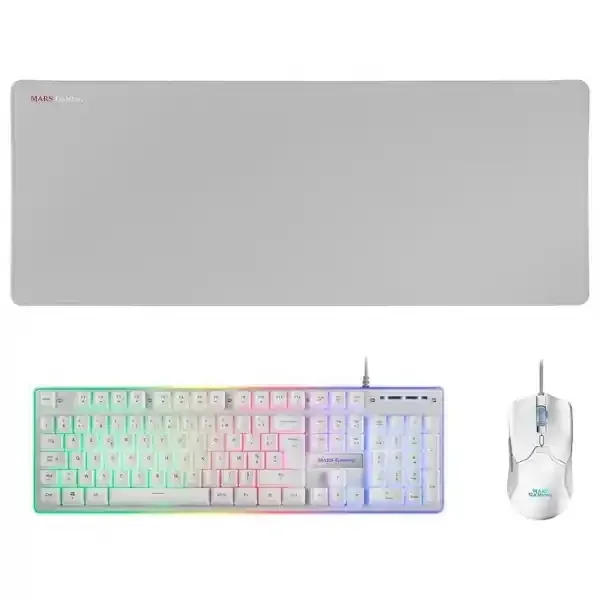 Mars Gaming MCPX Combo Gaming Premium – Teclado H-MECH – Raton 10K DPI – Alfombrilla XXL – Iluminacion FRGB – Multiplataforma – Color Blanco