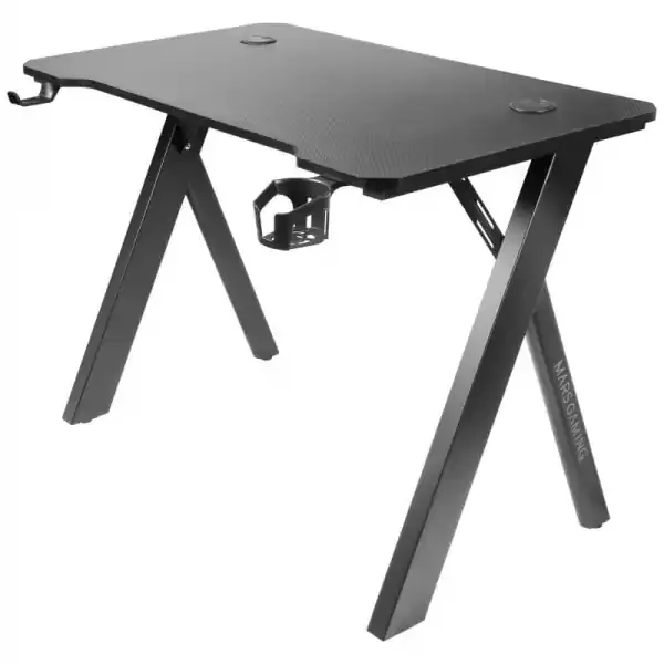 Mars Gaming MGD100RGB Mesa Gaming – Iluminacion RGB Control Remoto – Estructura Acero – Tablero Fibra de Carbono – Soportes Auriculares y Bebidas – Alfombrilla XXL – Color Negro