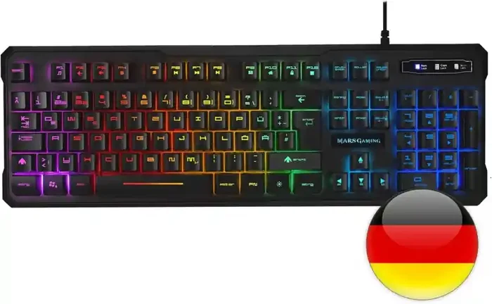 Mars Gaming MK218 Teclado Gaming – Retroiluminacion RGB 9 Efectos – Tecnologia H-MECH – Antighosting Completo – Compatible con Windows, Mac, Linux y Consolas – Aleman – Color Negro