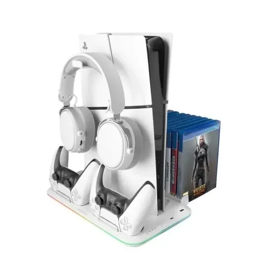 Mars Gaming MPS5-B2 Soporte Multifuncion para PS5 – Carga Dual – Refrigeracion Silenciosa – Iluminacion RGB – Soporte Auriculares – Organizador 15 Juegos – Color Blanco