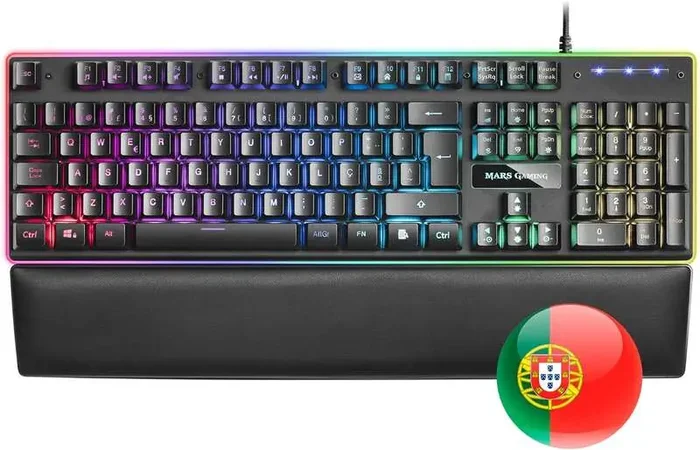 Mars Gaming Teclado MK320 – 439x135x37mm – H-MECH, Iluminacion RGB, Reposamuñecas Acolchado – Ergonomia y Prestaciones Profesionales – Color Negro