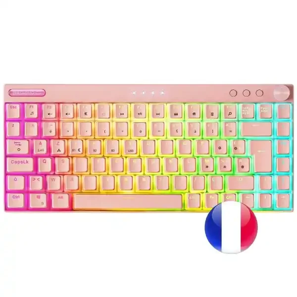 Mars Gaming Teclado Premium – Triple Conexion – Tamaño Ultra-Compacto 75% – Switch Outemu SQ Pro Azul – Iluminacion RGB – Bateria 200h – Frances – Color Rosa