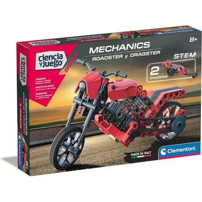 Mechanics contruye tu moto Roadster and Dragster, Juego Educativo de Ciencias Clementoni edad +8 años – Juguetería