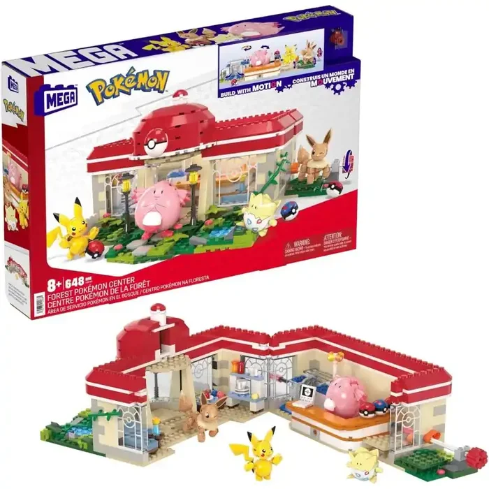 MEGA Construx Pokémon Centro Pokemon en el bosque +600 bloques de construcción con 4 personajes, juguete +8 años Mattel HNT93