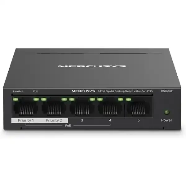Mercusys Switch 5 Puertos Gigabit RJ45 10/100/1000Mbps – 4 Puertos PoE – Diseño Compacto – Plug & Play – Carcasa de Metal