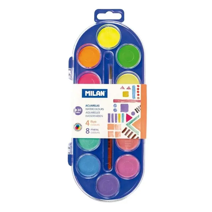 Milan 0531512 Estuche de 12 Acuarelas Ø30 mm + Pincel Serie 101 – Mezclable – Colores Fluorescentes y Metalizados (6 uds)